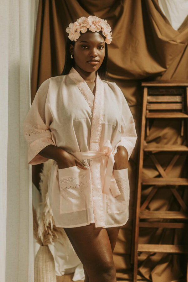 Kimono coton rose girly Hibiscus
